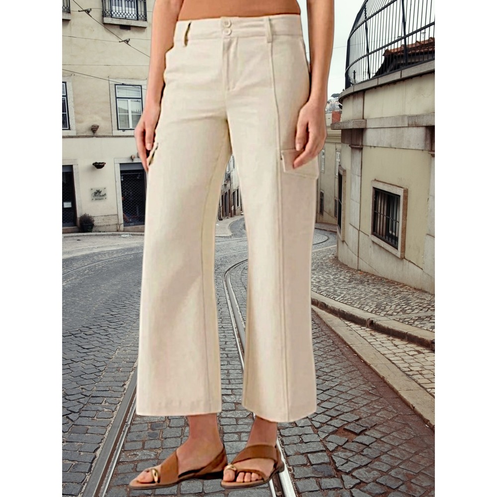 NEW Sanctuary Wide Leg Cropped Cargo Pants Size 33 Cream Lyocell 26.5 Inseam